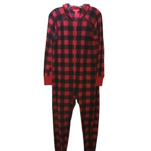 FAMILY PJS MACYS WOMENS SMALL HOODED ONE PIECE PAJAMA RED BLACK PLAID FLANNEL